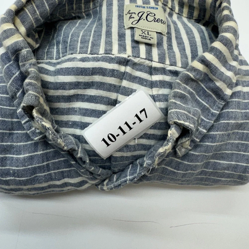 J Crew Irish Linen Button Down Shirt Mens XL Blue Striped Coastal Preppy
